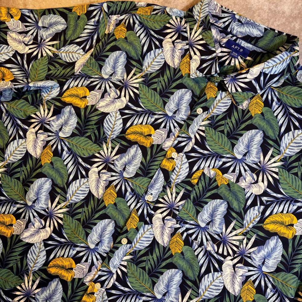 Apt 9 Mens 3XB Tropical Leaf Print Button Up Shirt Short Sleeve Cotton
